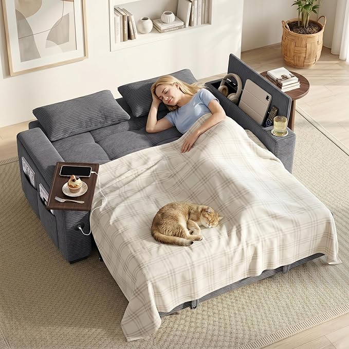 65'' Sleeper Sofa Bed, Pull Out Couch with 360° Swivel Side Table | USB Port | Cup Holder | Adjustable Backrest, Loveseat Corduroy Fabric for Living Room, Apartment, Office (Darkgray)