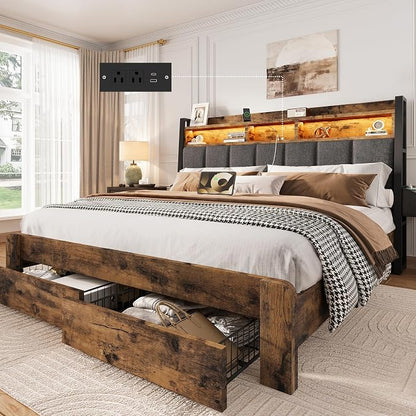 BRELTAM King Size Bed Frame with 2 Storage Drawers, Wood Platform Bed Frame with 2-Tier Storage Headboard Built in Charging Station & LED Light,Noise-Free/Metal Support/No Box Spring Needed,Brown
