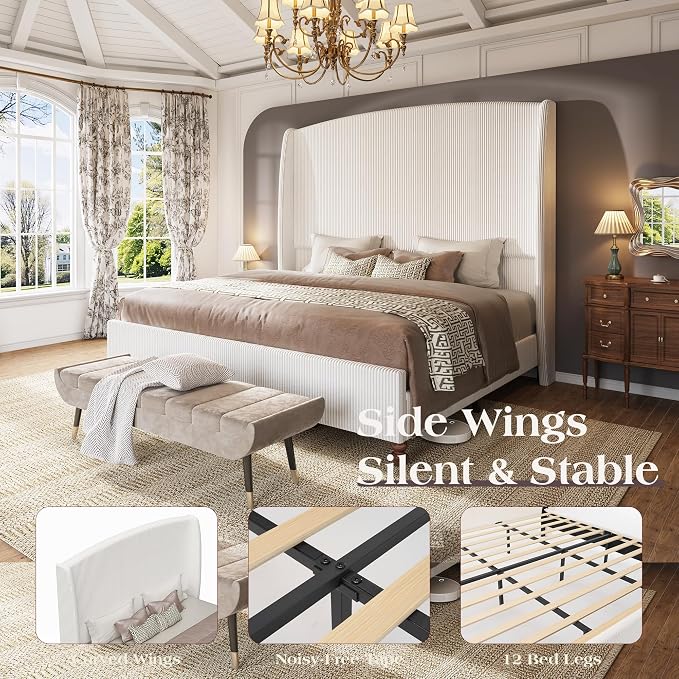 65.7" Tall Headboard Queen Size Upholstered Bed Frame with Wingback, Soft Washable Corduroy Beds Cover, Solid Wood Legs, Noise-Free, No Box Spring Needed, Cream