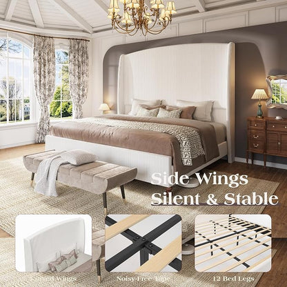 65.7" Tall Headboard Queen Size Upholstered Bed Frame with Wingback, Soft Washable Corduroy Beds Cover, Solid Wood Legs, Noise-Free, No Box Spring Needed, Cream