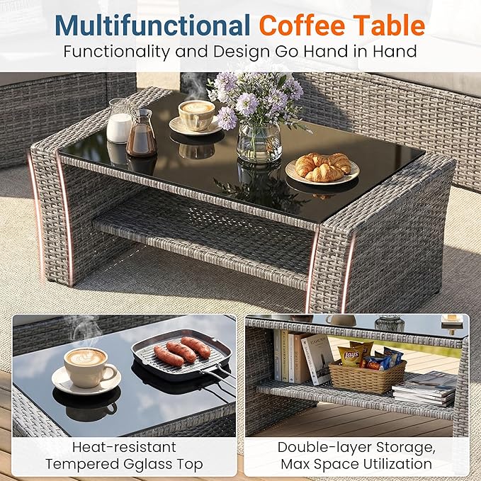 Wisteria Lane Patio Furniture Set, 5 Pieces Wicker Outdoor Furniture for All Weather, Patio Sofa with High Backrest Support and Wide Armrest for Backyard, Balcony, Deck, Porch, Ash Gray