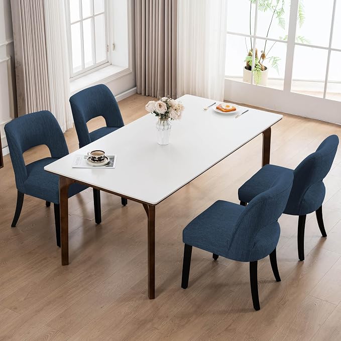 VKNOW Wooden Dining Chairs Set of 2, Modern Fabric Upholstered Dining Room Chair Kitchen Chairs, Farmhouse Dinner Chair for Kitchen Dining Room, Blue-Black Legs