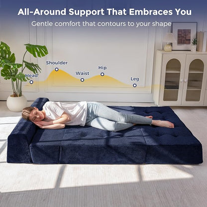 MAXYOYO 8" Folding Sofa Bed, Fold Out Chair Bed, Convertible Floor Sofa Couch, High-Density Foam Tufted Lounge Couch for Living Room Bedroom Dorm, Loveseat, Navy
