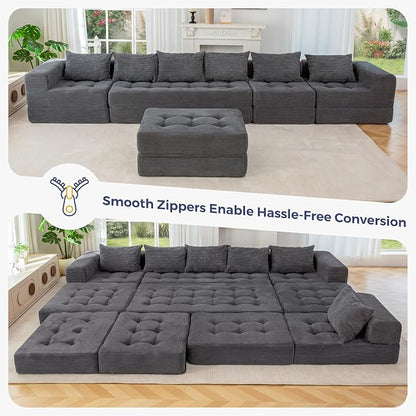 MAXYOYO Modular Sectional Sofa Couch, Foldable U Shaped Cloud Couch with Pillows, Tufted 7-Seat Boneless Lounger Floor Sofa Bed for Living Room, No Assembly Required, Dark Grey