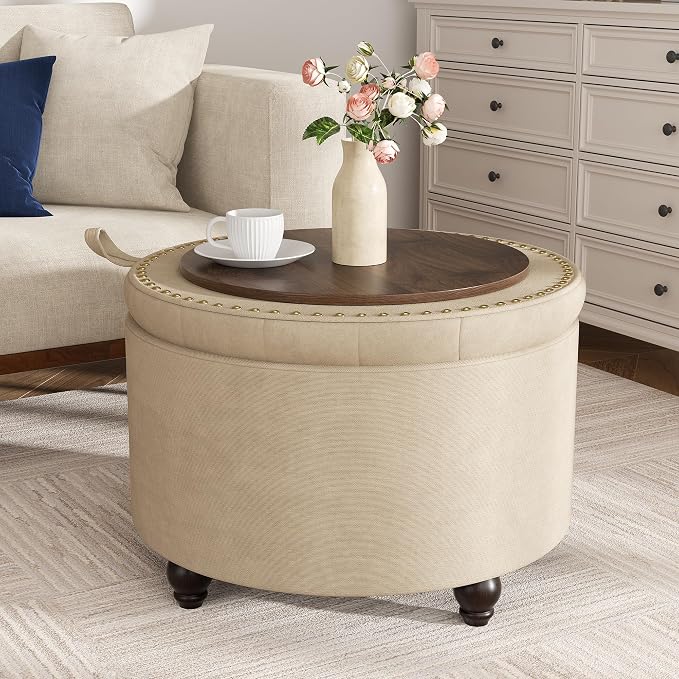 24 Inch Round Storage Ottoman,Modern Tufted Ottomans,Circular Coffee Table with Removable Top,Upholstered Large Ottoman with Storage Footrest Stool for Bedroom Living Room (Lightbrowm)