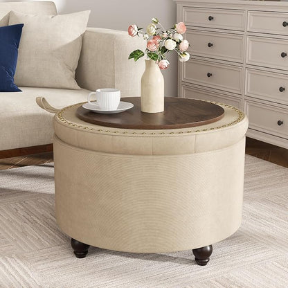 24 Inch Round Storage Ottoman,Modern Tufted Ottomans,Circular Coffee Table with Removable Top,Upholstered Large Ottoman with Storage Footrest Stool for Bedroom Living Room (Lightbrowm)