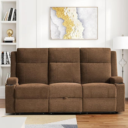 75'' Manual Reclining Sofa with Storage Drawer, 3 Seat Wall Hugger Recliner Couch with Cup Holders, Side Pockets, Chenille Fabric, Compact 3-Person Recliner for RV, Living Room, Apartment (Brown)