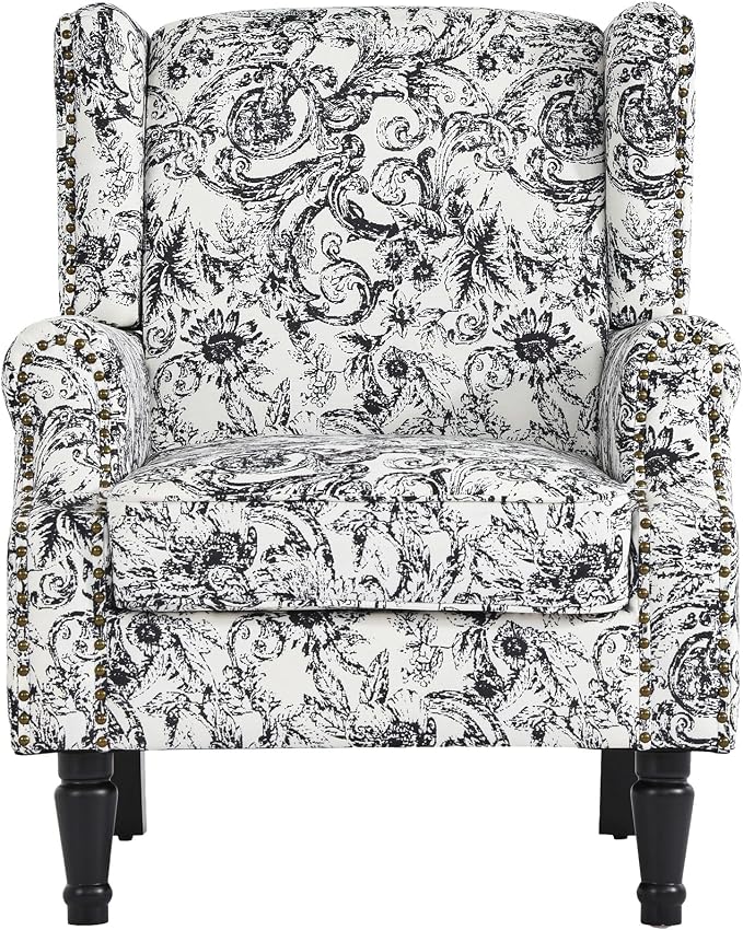 High Back Accent Chairs Set of 2, Fabric Upholstered Armchair Floral Wingback Chair for Living Room, Comfy Single Sofa Solid Wood Legs Bedroom Reading Seat - Rococo Black