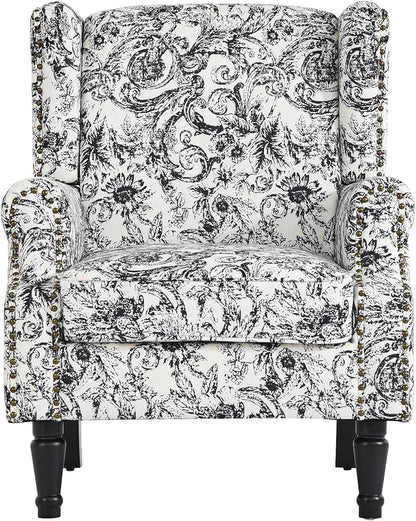 High Back Accent Chairs Set of 2, Fabric Upholstered Armchair Floral Wingback Chair for Living Room, Comfy Single Sofa Solid Wood Legs Bedroom Reading Seat - Rococo Black
