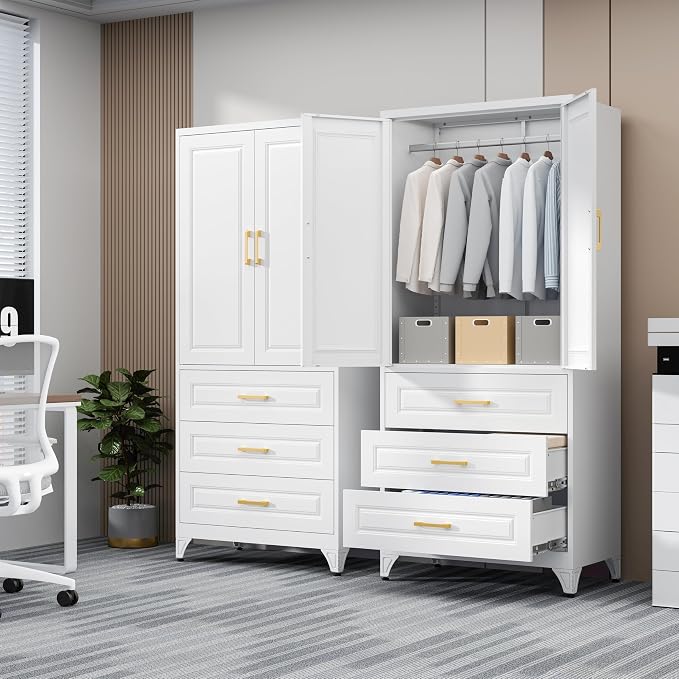 Metal Armoire Wardrobe Closet, 3 Drawers Clothes Storage Cabinet | Metal Wardrobe Cabinet with Doors, Hanging Rod, 71"Tall White Armoires, Closet for Bedroom, Bathroom, Gym
