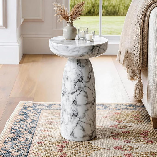 Marble Side Table, 24" Modern Accent Table with Pedestal Stand, Durable Faux Marble Side Table for Small Spaces, Marble Look Coffee Table Accent Drink Tables for Living Room Patio Balcony