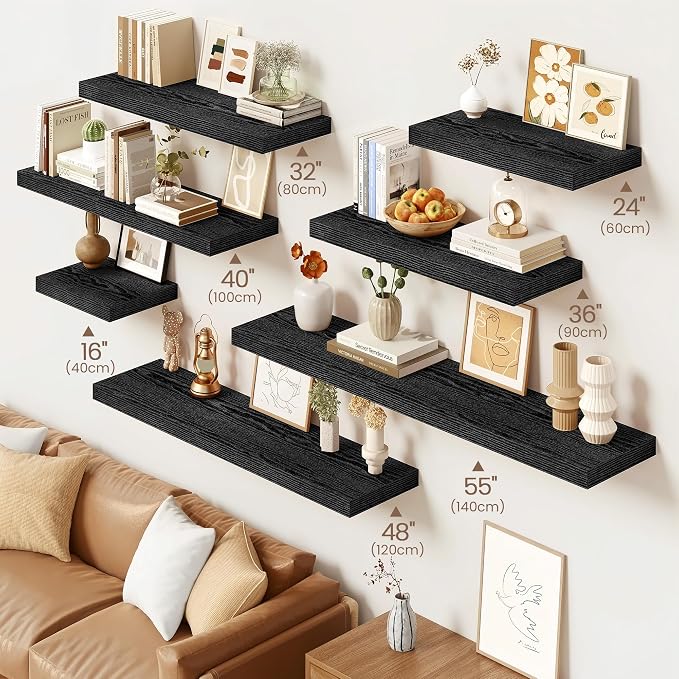 Vivelove 48 Inch Floating Shelves, Deep Wall Shelves with Invisible Brackets, Display Shlf for Bathroom Living Room Kitchen Bedroom Office Farmhouse Home Decor, 48" X 9.3" X 1.5" - Set of 2, Black