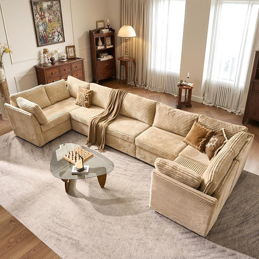ovios Modular Sectional Sofa Couch with U-Shape Chaise Oversized, Comfy Plush Corduroy Cloud Couches, Modern Luxury Deep Seat Sofas Set for Living Room, 7-Seater, Beige