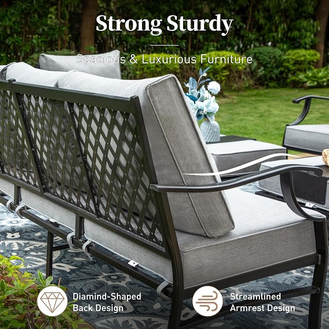 SUNSHINE VALLEY Metal Patio Sofa with 5.75" Extra Thick Waterproof Cushion, 3-Seater High-Back Outdoor Couch All Weather Outdoor Seating for Backyard Deck Front Porch, Gray