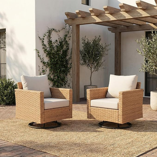 SUNSITT Patio Swivel Chair Set of 2, Wicker Swivel Chairs Outdoor Seating Furniture with Thick Comfy Cushions, for Porch, Balcony, Deck, Natural Rattan Color