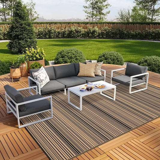 GENIMO Outdoor Rug for Patio Clearance, 10'x14' Reversible Plastic Straw Rugs, Lightweight Waterproof RV Camping Mat for Camper, Balcony, Deck, Backyard, Picnic, BlackBrown