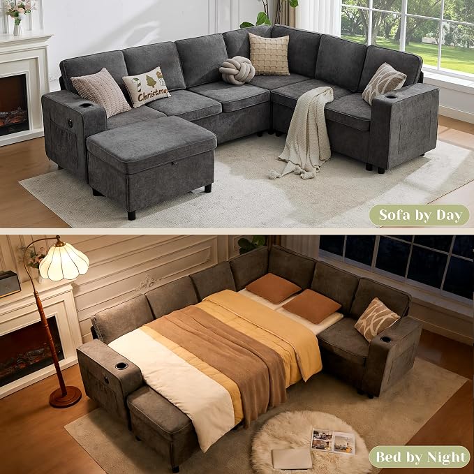 107 Inch Modular Sectional Sofa with Pull Out Bed, 7 Seat U Shaped Sectional Sleeper Sofa with Storage Ottoman, USB Port & 6 Pillows, Sectional Couches for Living Room & Apartment, Modular Couch, Grey