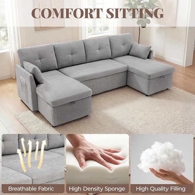 Huatean Home Oversized Sleeper Sofa Couch, 100 inch 2 in 1 Pullout Couch Bed with Side Pockets for Living Room, Sectional Sleeper Sofa Bed with Double Storage Chaise, LightGrey
