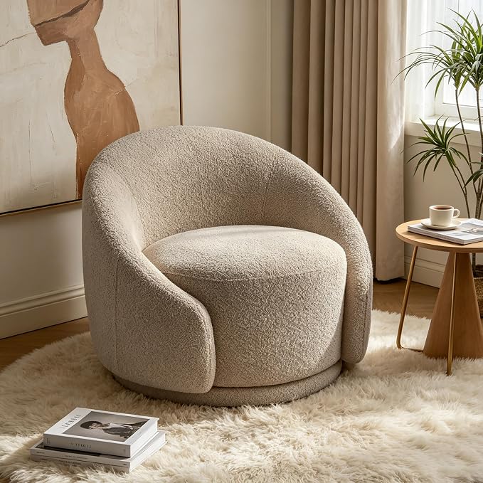 VANOMi Swivel Accent Chairs for Living Room, 34" Swivel Barrel Chair Oversized Armchairs Modern Boucle Reading Chairs for Bedroom, Corner, Apartment, Taupe