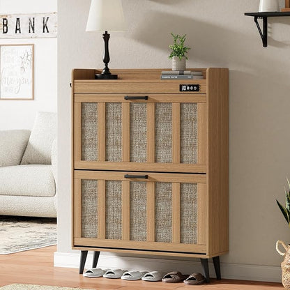 ChooChoo Shoe Storage Cabinet with 2 Flip Drawers, Deodorizing Shoe Organizer Storage for Entryway, Freestanding Hidden Slim Narrow Shoe Rack Cabinet, Rustic Oak