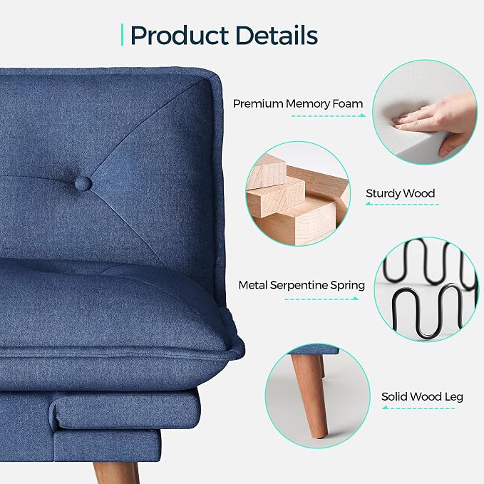 LINSY HOME Futon Sofa Bed, 70" Chenille Futon Couch with Adjustable Backrest Armrest, 3 in 1 Convertible Comfy Loveseat Sleeper Sofa Bed for Small Spaces Dorm Room Apartment Home Office, Dark Blue
