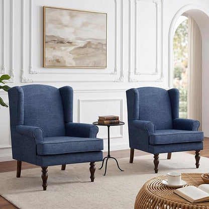 HUIMO Printed Wingback Accent Chair, Linen Upholstered High Back Armchair, Comfy Reading Chair for Living Room Bedroom Study, 300lbs Weight Capacity (2, Navy Blue)