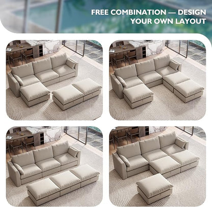 Ihanherry 117" Oversized Modular Sectional Sofa, Modern Cloud Couch with 3 Storage Ottoman, 6-Seat Comfy Chenille Deep Seat Sofa with 2 Pillows for Living Room, Khaki