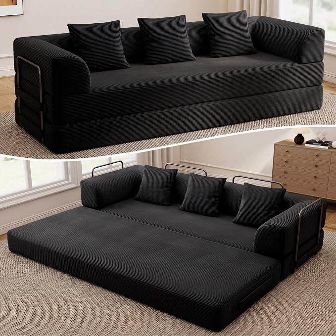 Living&Giving 89" Cloud Boneless Convertible Sofa Bed, 5-in-1 Foldable Compressed High-Density Sponge Sofa, Corduroy Fabric 3 Seater Sleeper Couch Futon Daybed for Living Room Bedroom (Black)