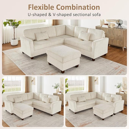 VANOMi Sectional Corner Couch, Corduroy L Shaped Sofa, 6-Seat Couch,Beige