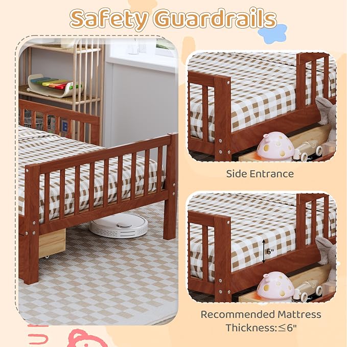Kids Twin Size Bed Frame with Storage Drawers and Bookcase,Wood Twin Bed Frames for Kids,Twin Bed Frame with Headboard and Footboard for Boys Girls,No Box Spring Needed,Walnut