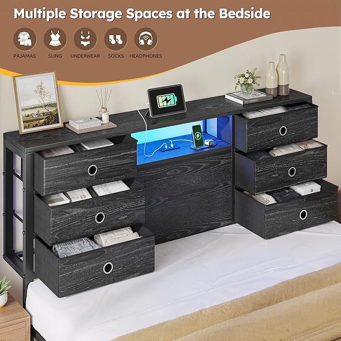 Homkdom Queen Bed Frame,8 Drawers,LED Lights,Charging,Headboard,Black | 8 Fabric organizers , USB and Type-C power ports, Supports up to 880 lbs,Noise-free and quick assembly for bedroom