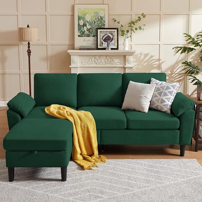 80" Convertible Sectional Sofa, Modern Linen Small L Shaped Couch with Reversible Chaise and Storage Ottoman, 3-Seat Sofa Couches for Living Room, Office, Apartment, Green