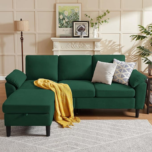 80" Convertible Sectional Sofa, Modern Linen Small L Shaped Couch with Reversible Chaise and Storage Ottoman, 3-Seat Sofa Couches for Living Room, Office, Apartment, Green