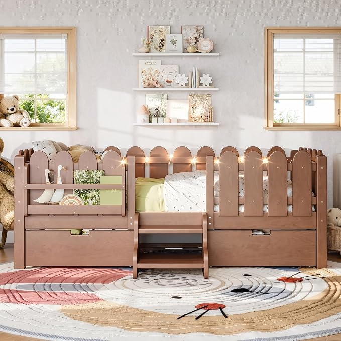 Bellemave Twin Kids Montessori Bed with Stairs, Bookshelf and LED Lights, Solid Wood Kids Bed Frame with Storage Drawers for Boys Girls, Low Profile,Deep Natural