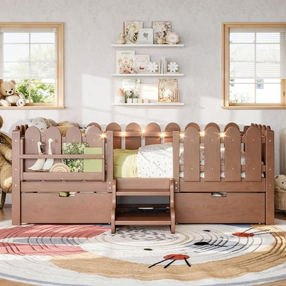 Bellemave Twin Kids Montessori Bed with Stairs, Bookshelf and LED Lights, Solid Wood Kids Bed Frame with Storage Drawers for Boys Girls, Low Profile,Deep Natural