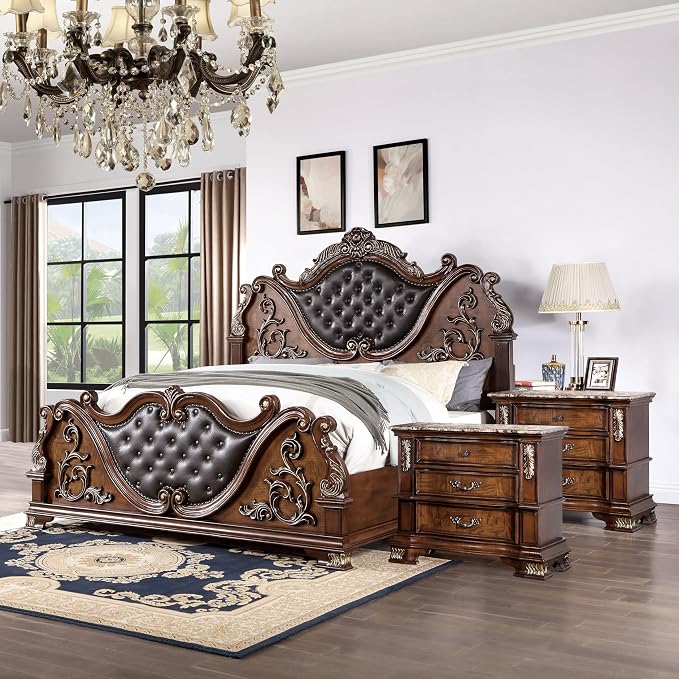 Furniture of America Clairibel Wood 3-Piece Bedroom Set, Queen-Size Bed with Button-Tufted Headboard, Marble Top Nightstand & Dovetail Drawers, Box Spring Required, Brown Cherry
