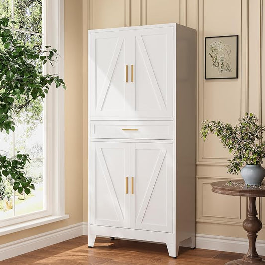 Metal Storage Cabinets with Drawer, 71" Filing Cabinet with 4 Adjustable Shelves & 4 Doors, Modern Abstract Rhombus Geometric Design File Cabinet for Home,Office,Garage,Shop,School, White