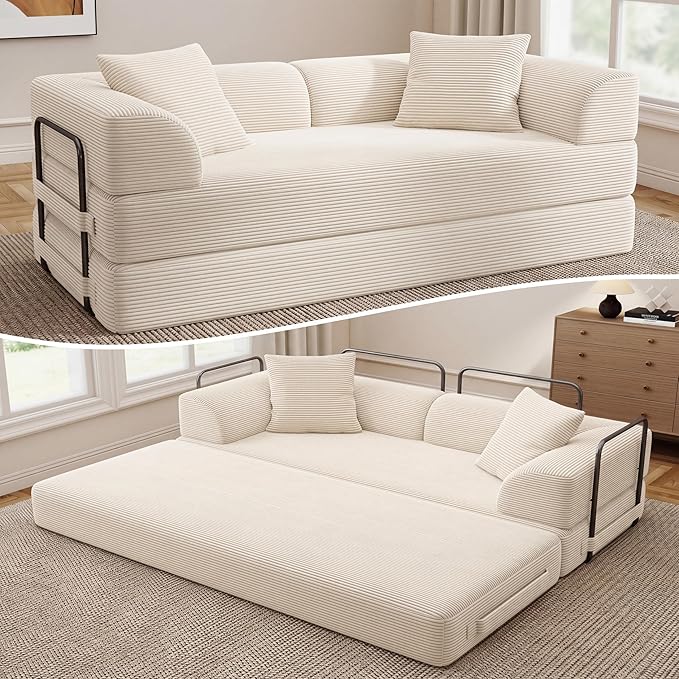Cloud Boneless Convertible Floor Sofa Bed, 70" 5-in-1 Foldable Compressed Loveseat Lounge Sleeper 2 Seater Couches, High-Density Sponge & Corduroy Fabric Futon Daybed for Living Room Bedroom(Beige)