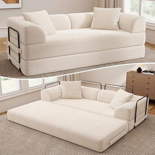 Cloud Boneless Convertible Floor Sofa Bed, 70" 5-in-1 Foldable Compressed Loveseat Lounge Sleeper 2 Seater Couches, High-Density Sponge & Corduroy Fabric Futon Daybed for Living Room Bedroom(Beige)