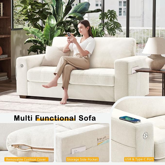 Hanherry 70" Loveseat Sofa for Living Room, Modern Comfy Couch with Medium Firm Seat Cushion, Removable Cover,Wide Armrest,USB/Type-C Port,Chenille Fabric Couches for Small Space,Apartment,Bedroom