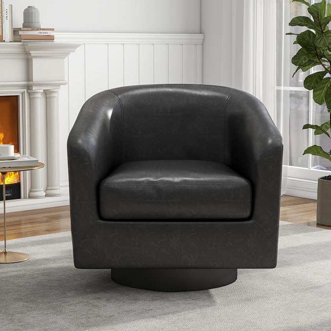 Swivel Barrel Accent Chair, Faux Leather Club Chair Upholstered Armchair for Living Room, Modern Arm Chair Small Single Sofa Bedroom Side Reading Seat - Black