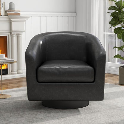 Swivel Barrel Accent Chair, Faux Leather Club Chair Upholstered Armchair for Living Room, Modern Arm Chair Small Single Sofa Bedroom Side Reading Seat - Black
