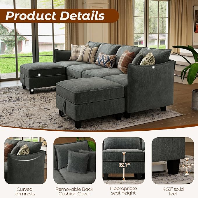 WorthFurni 112" Modular Sectional Sofa U Shape Couches with Storage Ottoman and Washable Cushion Cover for Living Room, Bedroom, Apartment(Grey)