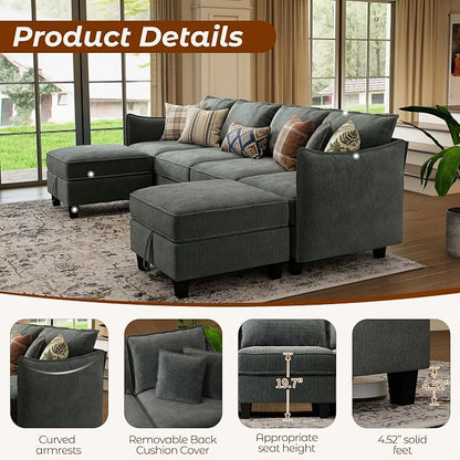 WorthFurni 112" Modular Sectional Sofa U Shape Couches with Storage Ottoman and Washable Cushion Cover for Living Room, Bedroom, Apartment(Grey)