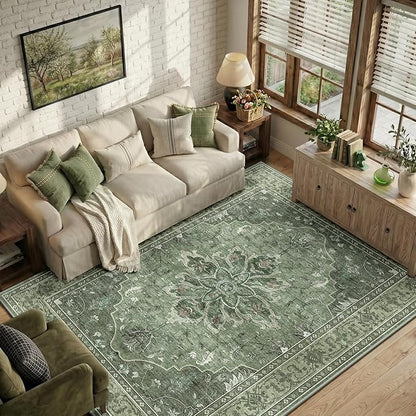 RELEANY Area Rugs 7'x9' Washable Non-Slip, Floral Vintage Distress Medallion Carpet for Living Room Bedroom Dining Room, Dark Green Gray