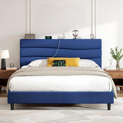EnHomee Queen Bed Frame with Upholstered Headboard,Adjustable Height Platform Bed,Charging Station,No Box Spring Needed,Easy Assembly,Noise-Free,Navy Blue