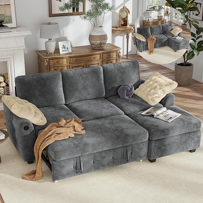 Hanherry 81" Sectional Couch with Pull Out Sofa Bed,Chenille Sleeper Sofa with Storage Ottoman & USB Charging,Comfy L Shaped Modular Couches for Living Room,Apartment