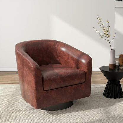 Swivel Barrel Accent Chair, Modern Round Faux Leather Arm Chair for Living Room, Bedroom, Comfy Club Reading Chairs for Adults(Faux Leather, Red Brown, Set of 2)