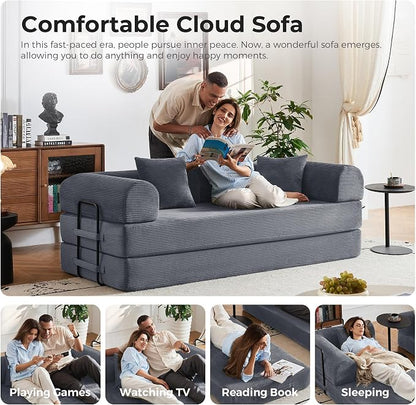 79" 5-in-1 Convertible Sofa Bed No Assembly, Boneless Couch Bed with High Density Foam, Foldable Sleeper Sofa, Corduroy Modular Couch for Apartment, Studio, Dorm Room, Small Space, Dark Gray