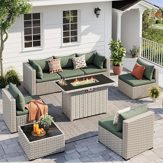 UDPATIO Patio Furniture Set with Fire Pit Table, 8 Pcs Outdoor Sectional Sofa, PE Wicker Patio Conversation Set for Garden, Backyard (Green Cushions with Light Grey Rattan)